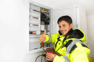 Tecnico che verifica impianto elettrico di una casa prima dell' acquisto.